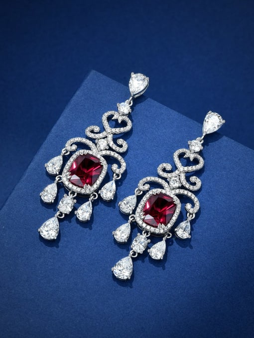 Red corundum [E 2440] 925 Sterling Silver High Carbon Diamond Geometric Luxury Cluster Earring